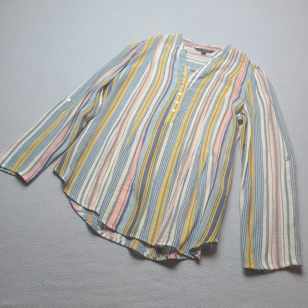 Zac & Rachel Blouse Womens Medium Multi-Color Excellent Striped Roll-Tab Sleeve
